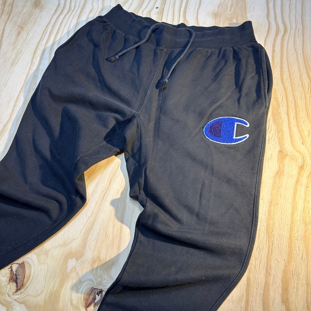 Champion Reverse Weave Mens XL Black Jogger Sweatpants Chenille Big C Logo